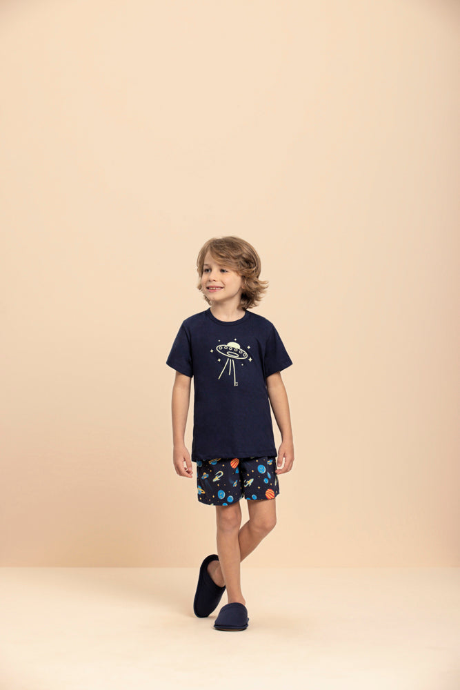Pijama Manga Curta Masculino Infantil Space em Algodão - Lua Encantada