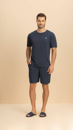 Pijama Manga Curta Masculino Marinho em Algodão - Lua Encantada