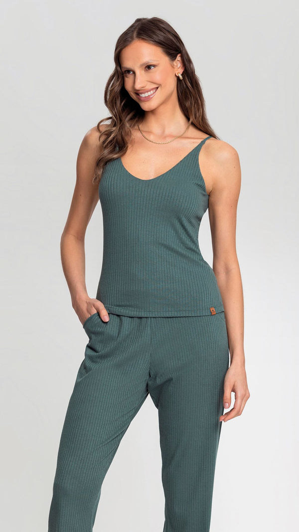 Conjunto Feminino de Três Peças Longo em Ribana Canelada - Mensageiro dos Sonhos