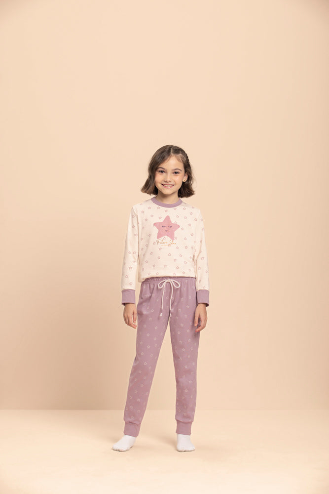 Pijama Manga Longa Infantil Estrelada em Algodão - Lua Encantada