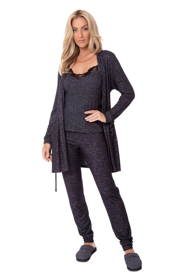 Pijama Conjunto 3 peças,  Robe Calça Blusa em Malha com Elastano  Stacy - Divina Noite