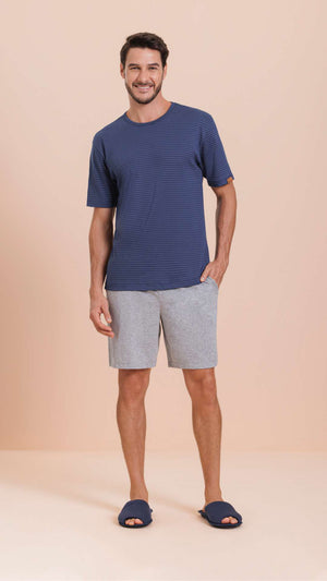 Pijama Manga Curta Masculino Navy em Malha Mescla - Lua Encantada