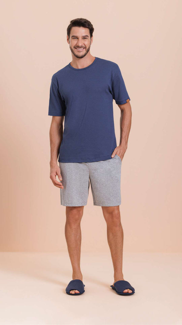 Pijama Manga Curta Masculino Navy em Malha Mescla - Lua Encantada