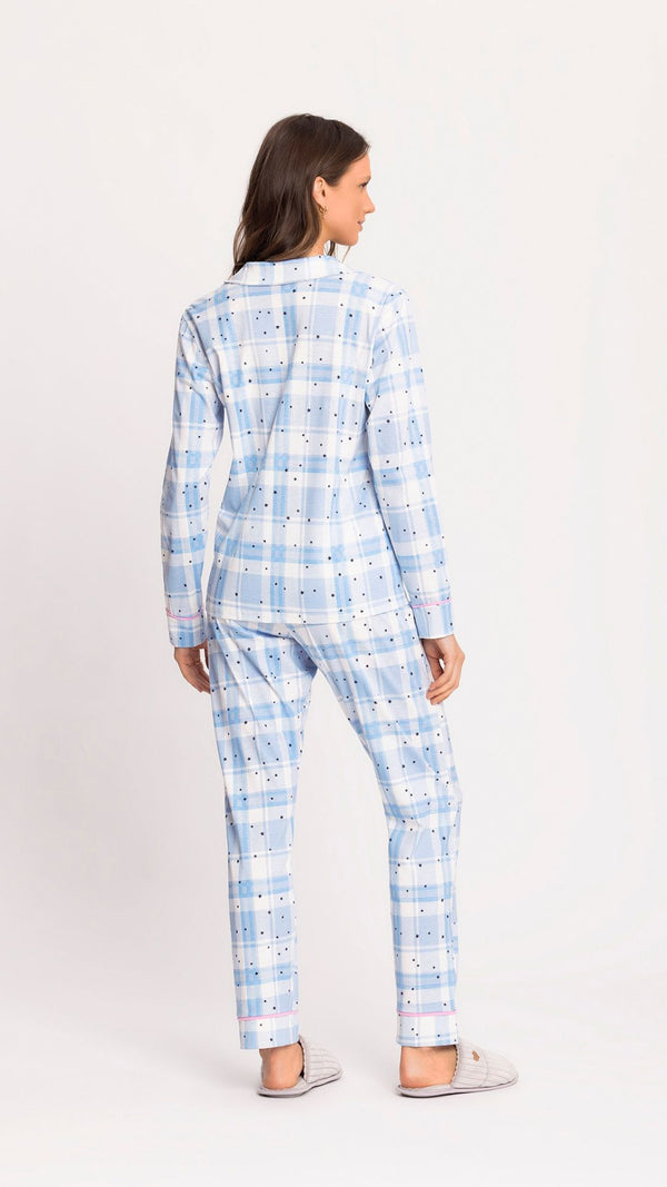 Pijama Americano Manga Longa Xadrez Com Estrelas em Algodão - Mensageiro dos Sonhos