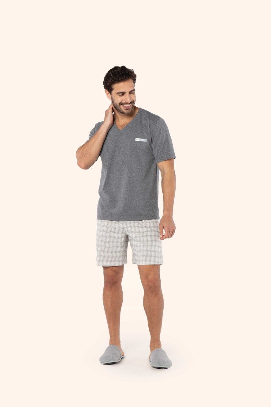 Pijama Manga Curta Masculino Xadrez Mescla em Malha Mescla - Lua Encantada