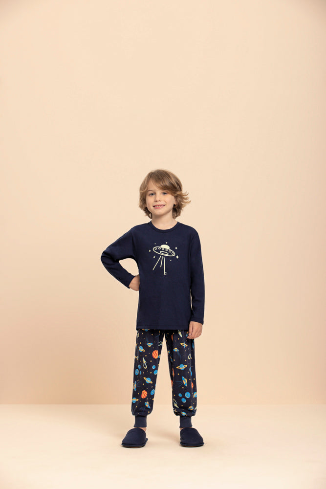 Pijama Manga Longa Masculino Infantil Space em Algodão e Malha Bali - Lua Encantada